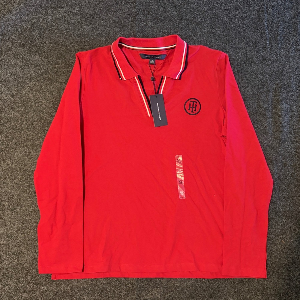 Tommy Hilfiger Mens Long Sleeve Polo Shirt Red XL J8JH0656 Tipped V-Neck Logo